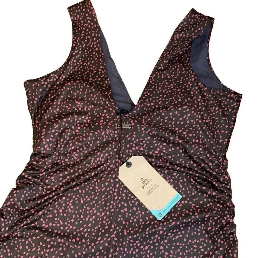 prAna NWT Pearl Isla Dress Empire waist, Ruched in MED color Deep Pine Spots